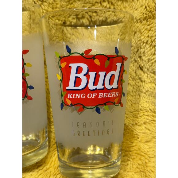 BUD King of Beers Pint Glass (Seasons Greetings) Frosted with Lights set of 4 - Picture 5 of 8
